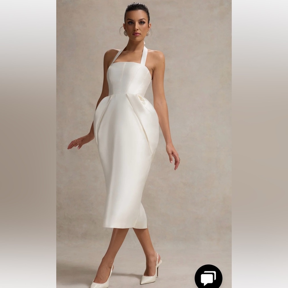 Club L London COSETTA
WHITE HALTER-NECK MIDI DRESS WITH TULIP SKIRT - Picture 5 of 10